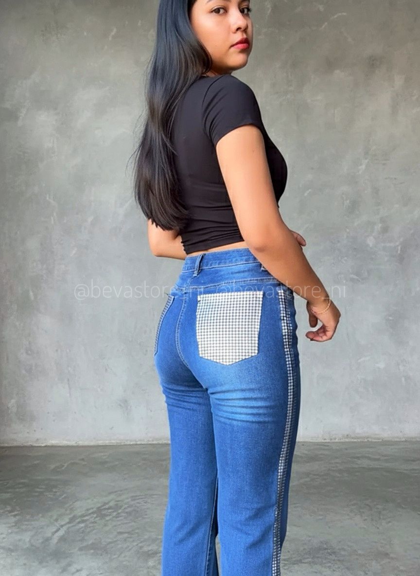 Pantalón Recto azul con brillos
