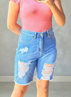 Short Jeans Azul Talle alto Rasgado/Deshilchado