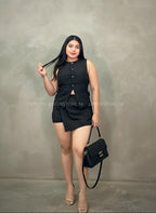 Set negro de rayas top y falda short