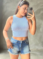 Short Jeans Cintura Media Azul Deshilachado