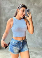 Short Jeans Cintura Media Azul Deshilachado