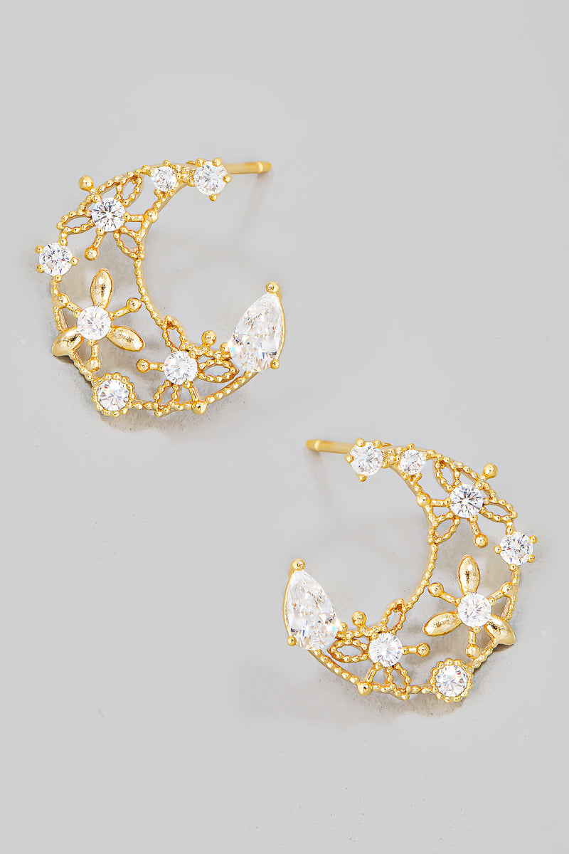 Aretes dorados con luna creciente floral y circonitas
