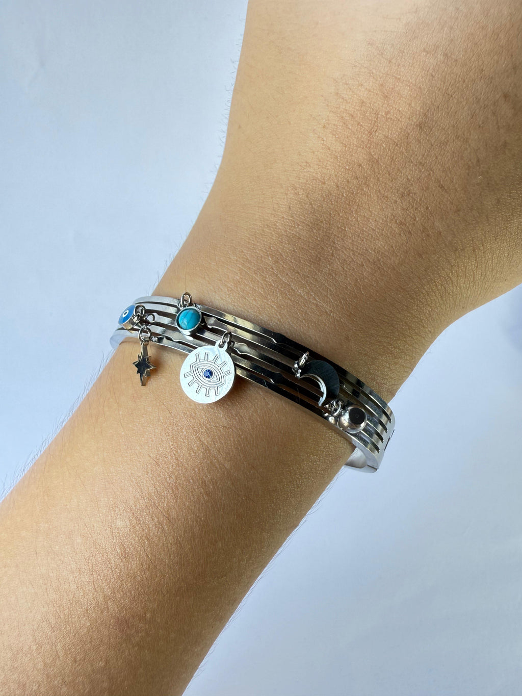 Brazalete de Acero Inoxidable con Luna, Ojo, Estrella