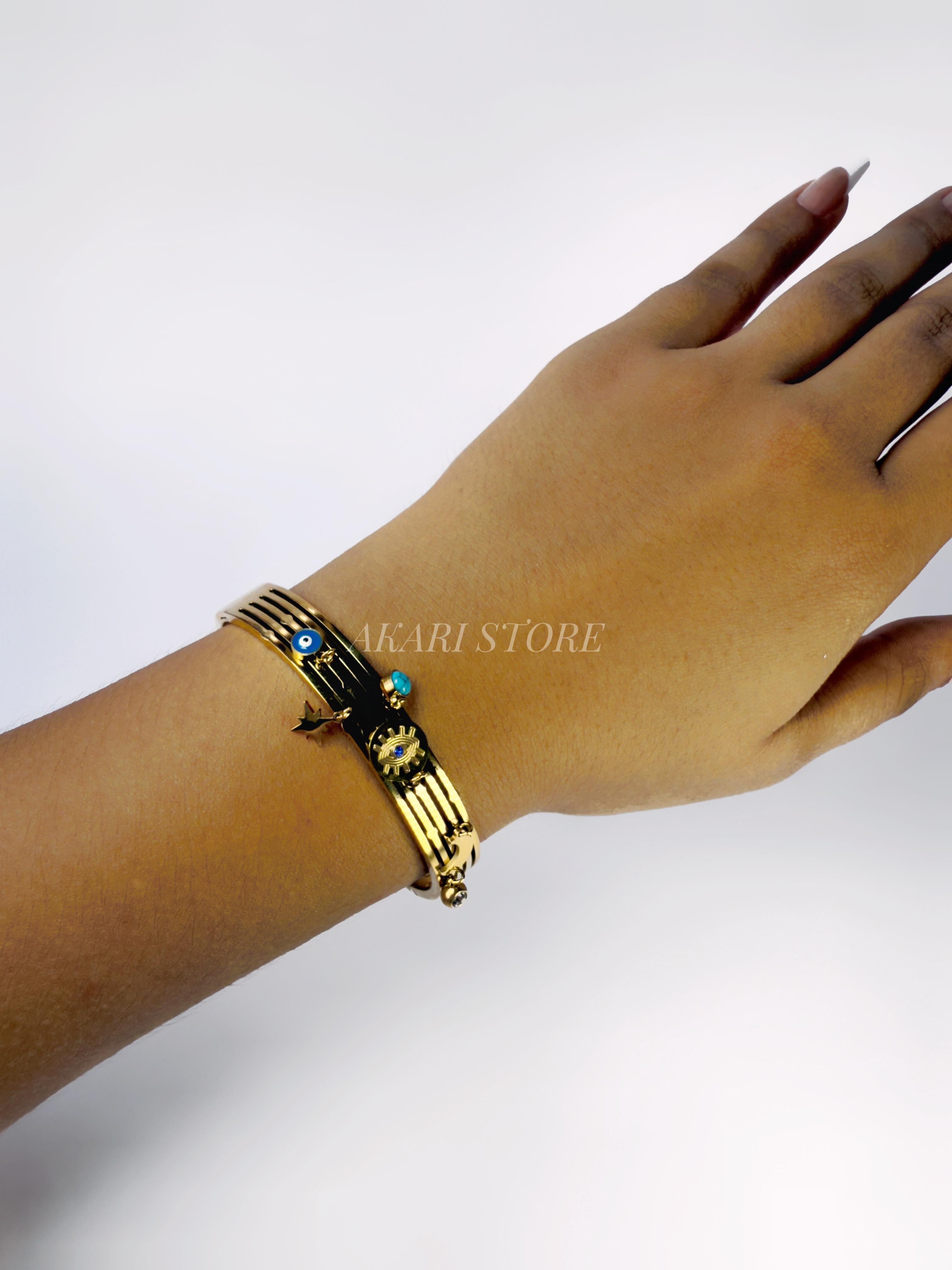 Brazalete de Acero Inoxidable con Luna, Ojo, Estrella
