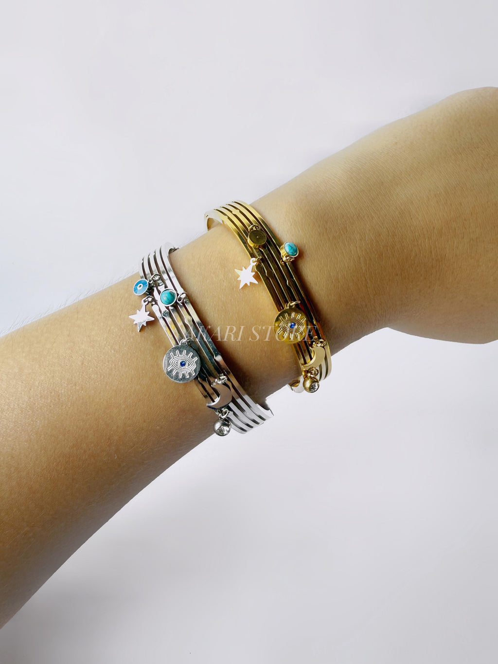 Brazalete de Acero Inoxidable con Luna, Ojo, Estrella