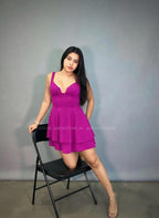 Vestido rosa maravilla con detalles dorado. City Triangles