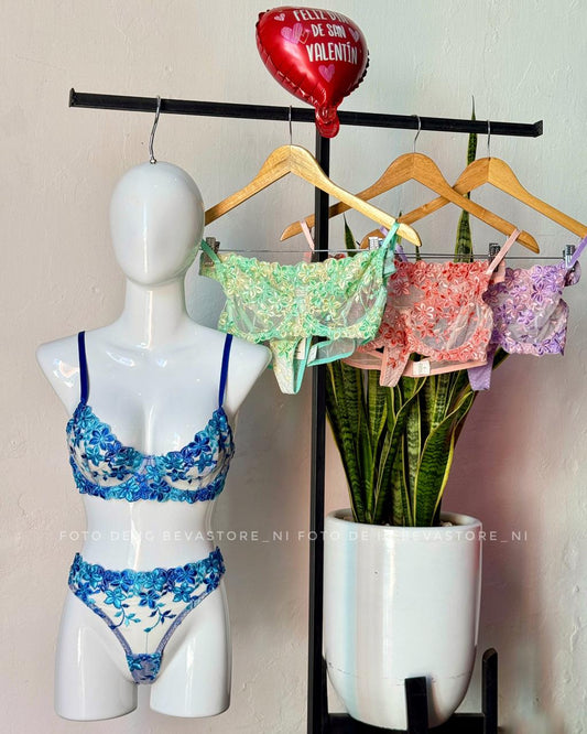 Lencería con bordado floral romántica 2 piezas