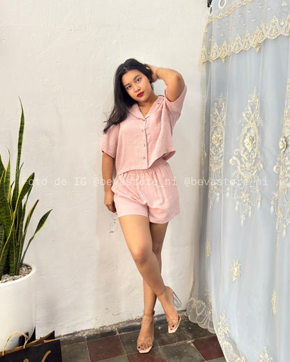 Conjunto Britany rosa de lino