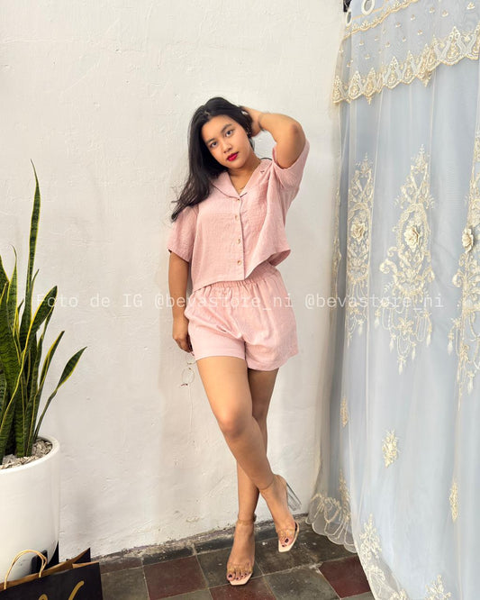 Conjunto Britany rosa de lino