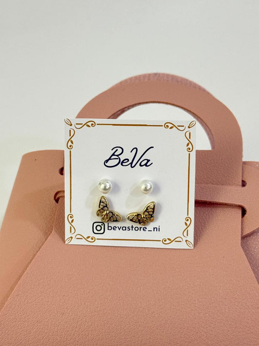 Aretes de perlas y mariposas dorado