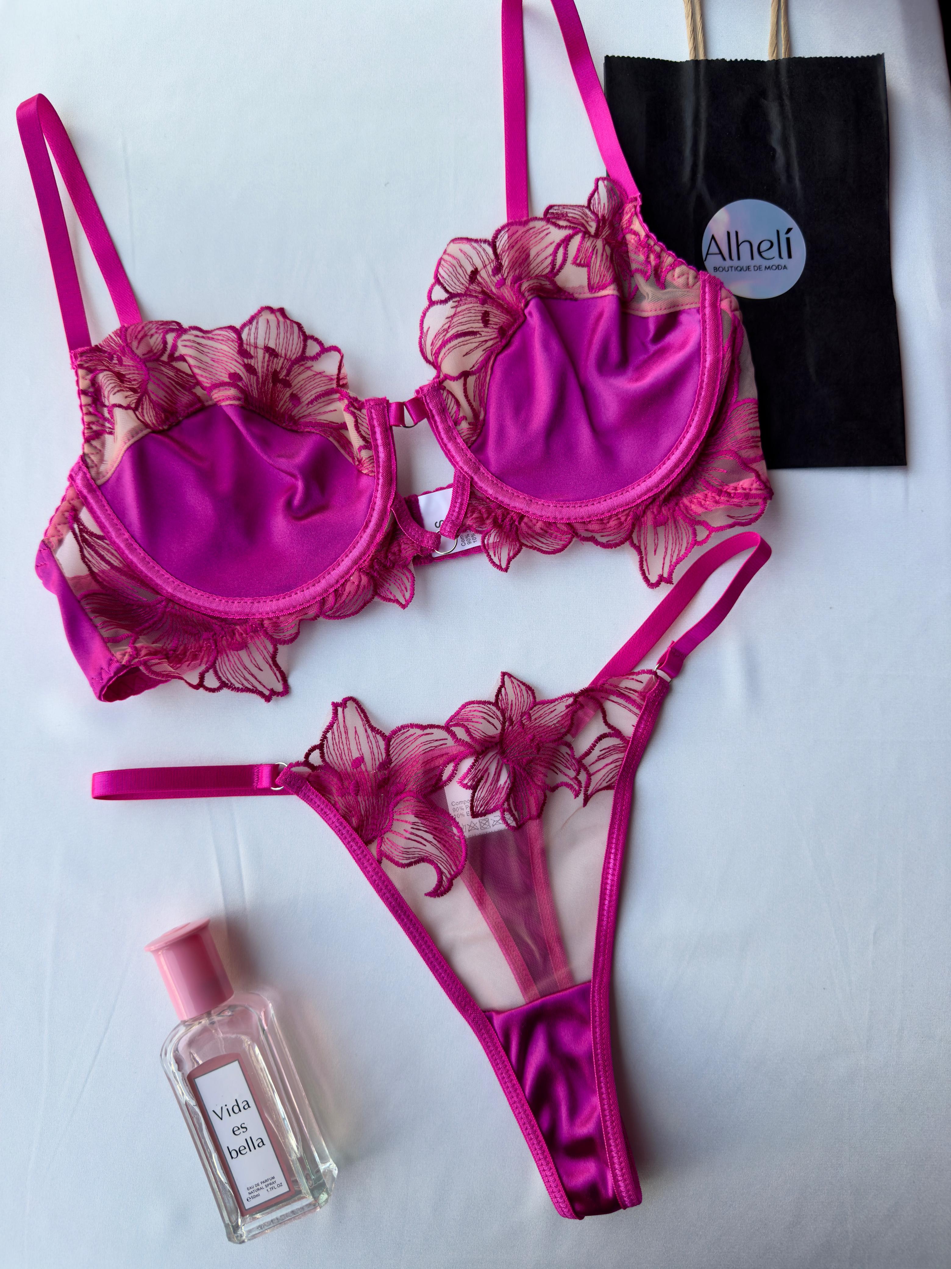 Lenceria rosado bloque de color calado y bordado 2 piezas