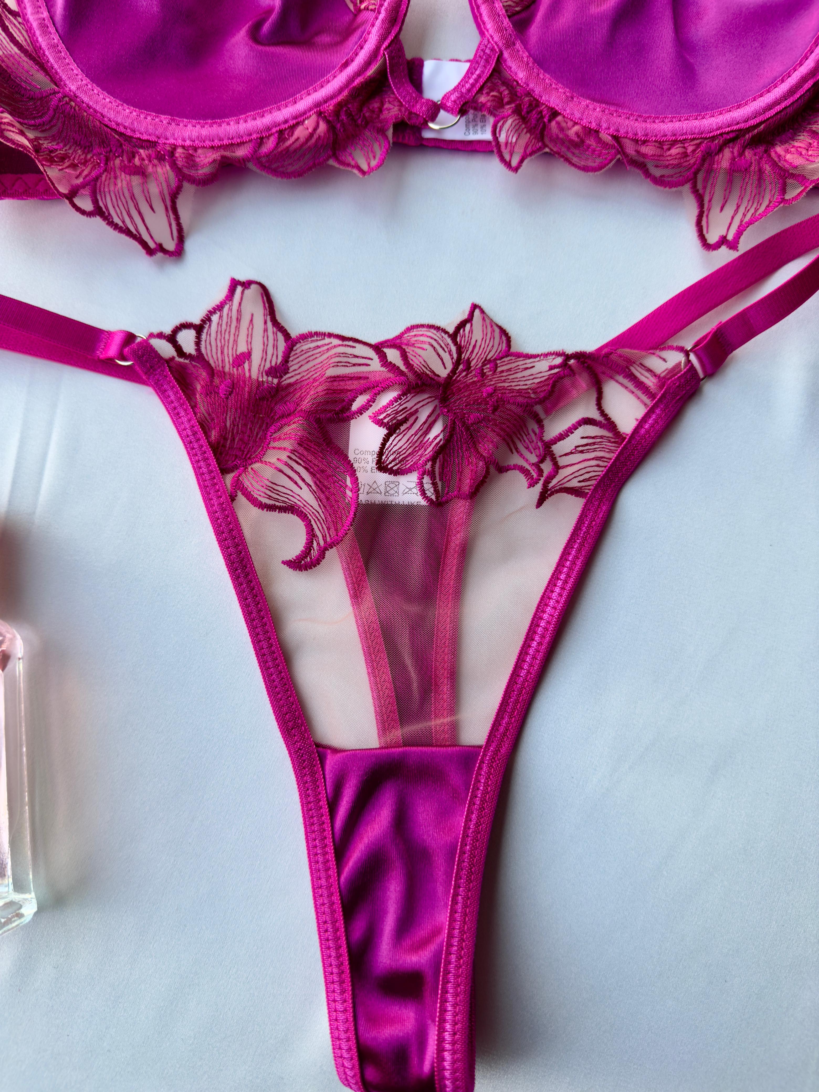 Lenceria rosado bloque de color calado y bordado 2 piezas