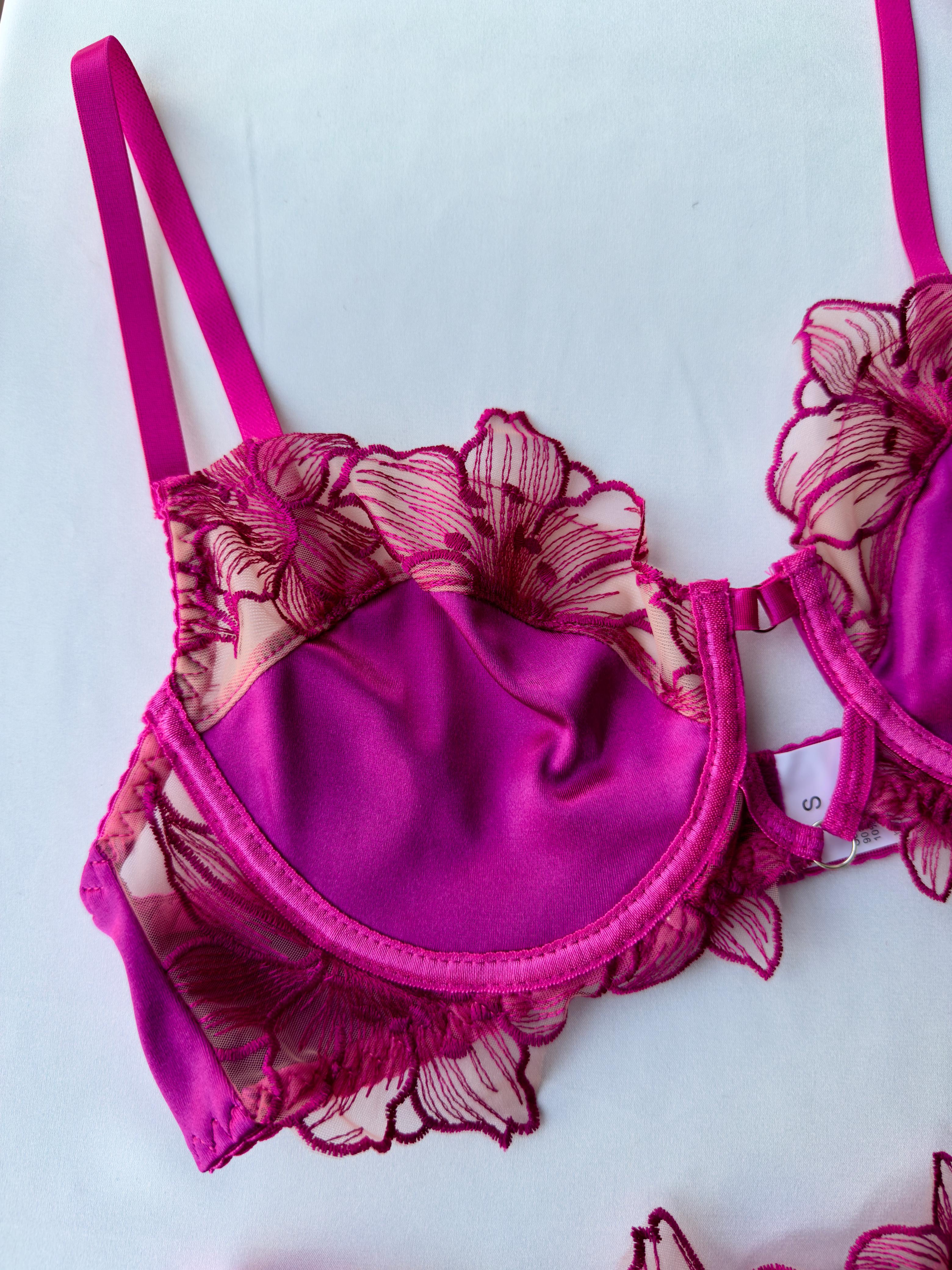 Lenceria rosado bloque de color calado y bordado 2 piezas