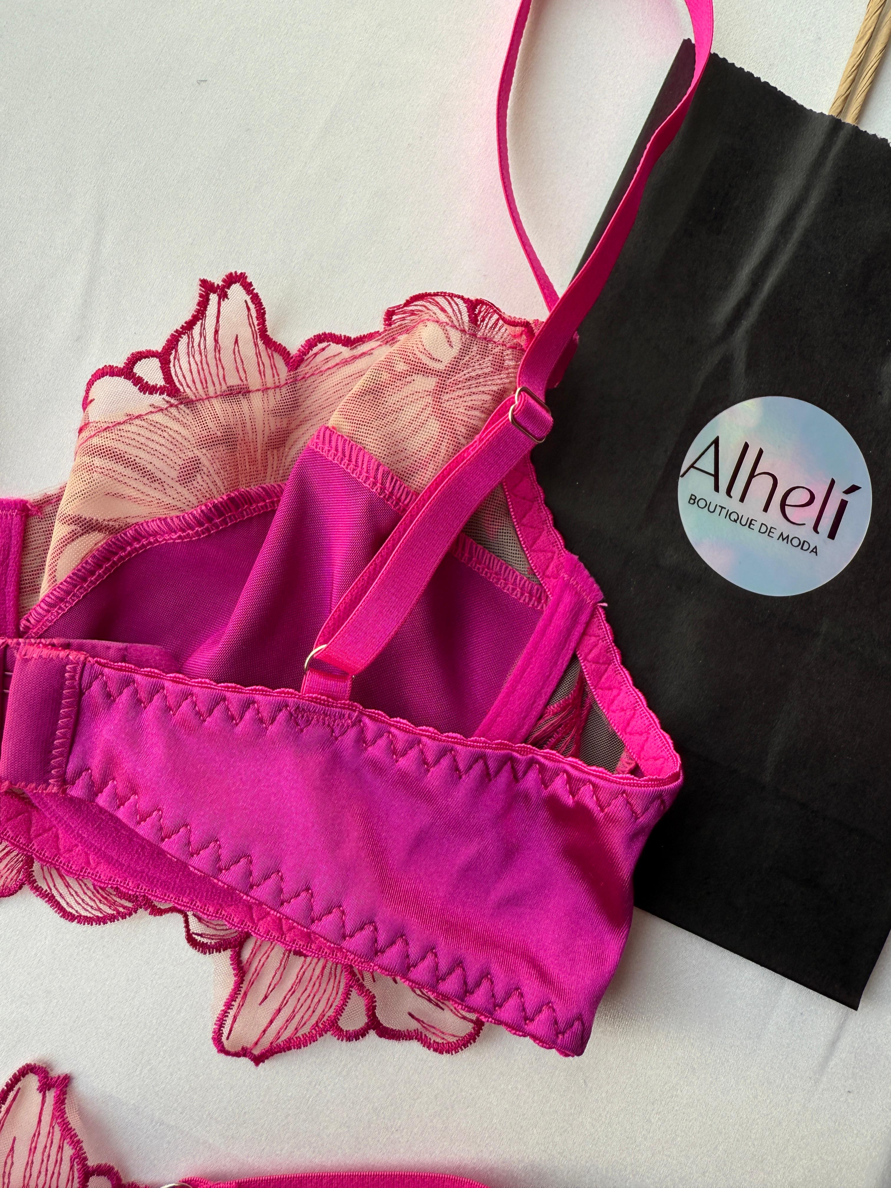 Lenceria rosado bloque de color calado y bordado 2 piezas