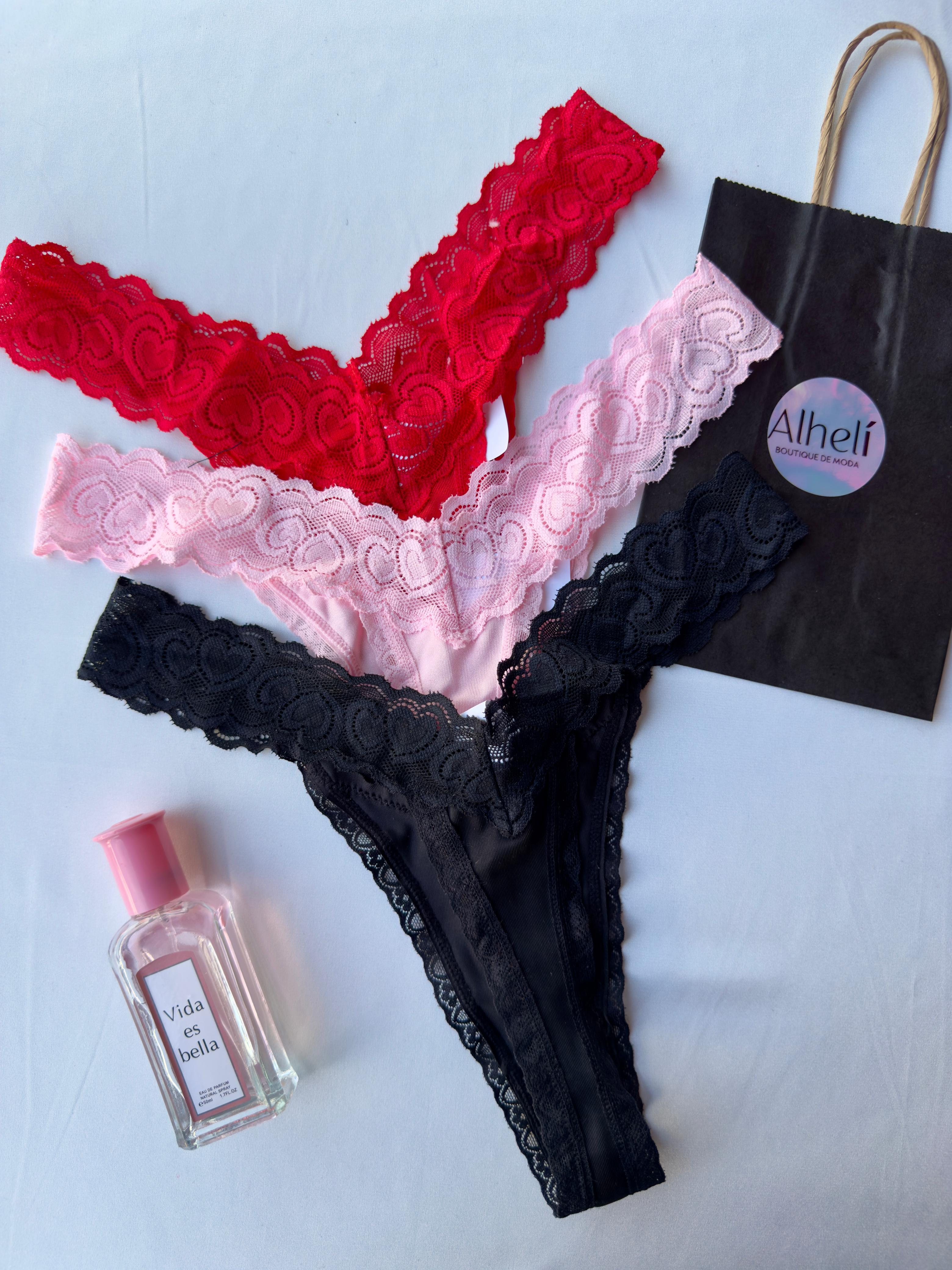 Set de 3 tangas con parches de encaje para mujer para el Día de San Valentín