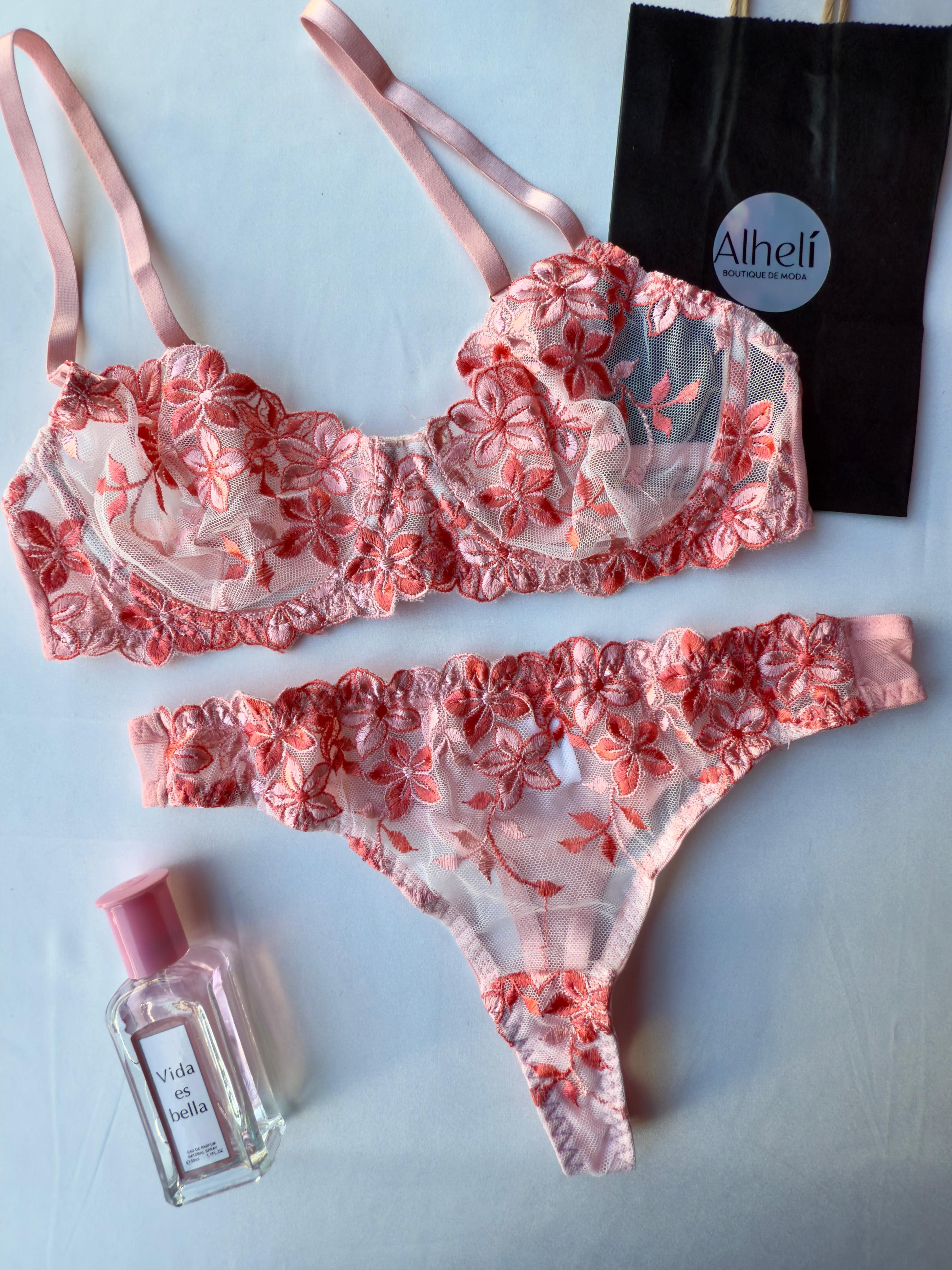 Lencería con bordado floral romántica 2 piezas