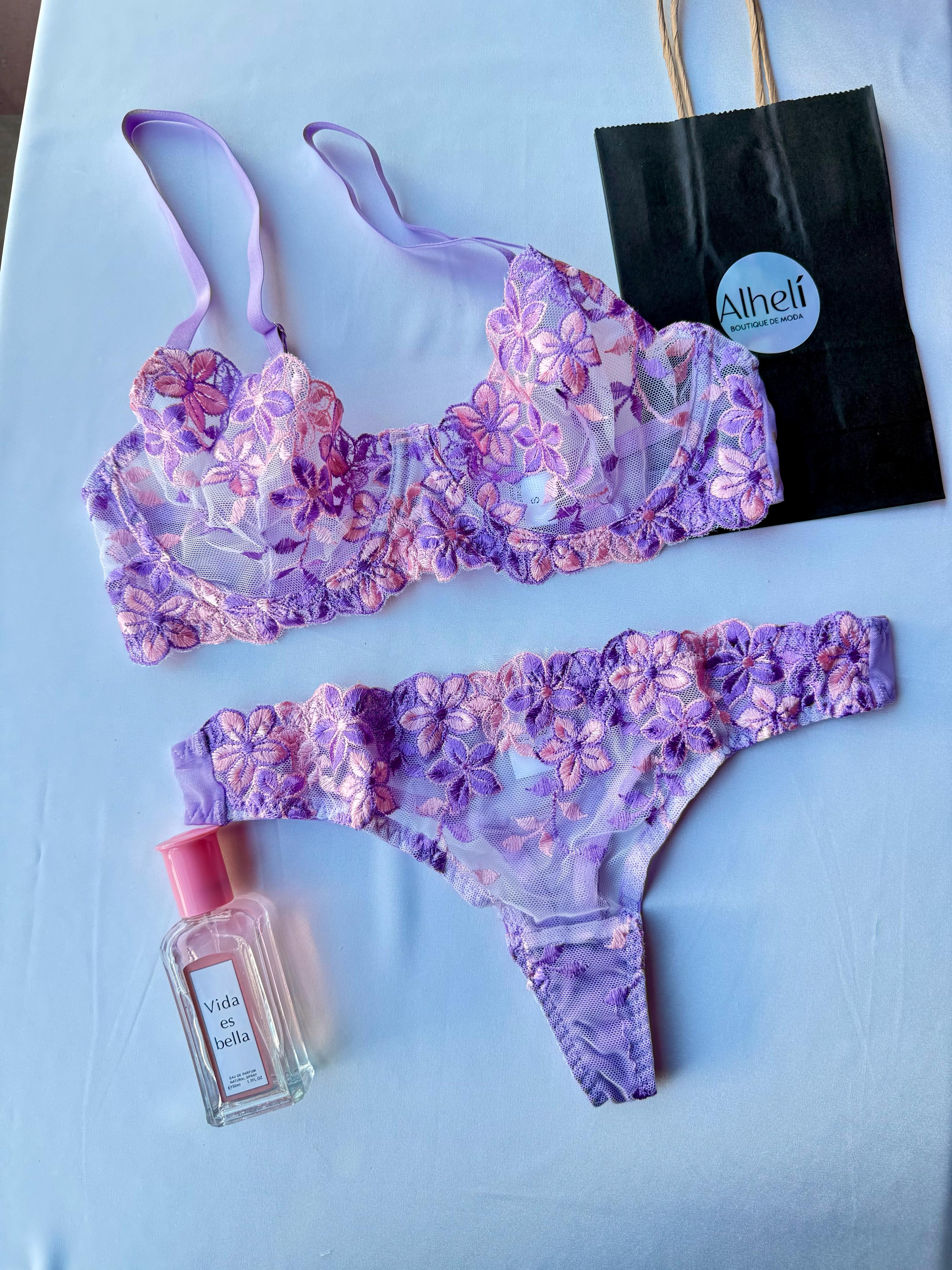Lencería con bordado floral romántica 2 piezas