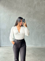 Bodysuit manga larga cuello en V